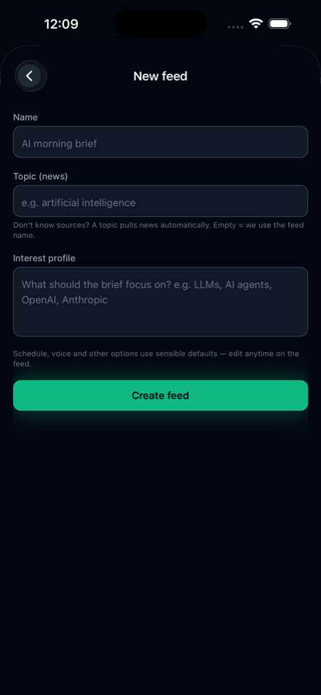 Briefcaster create-feed screen