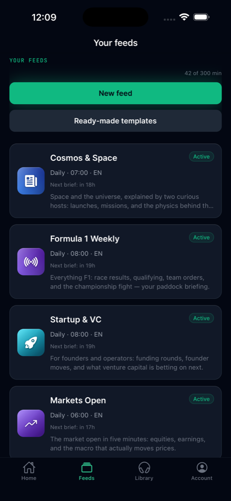 Briefcaster your-feeds screen listing personalized briefings