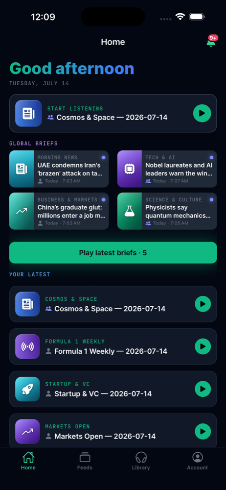 Briefcaster home feed of personalized audio briefings