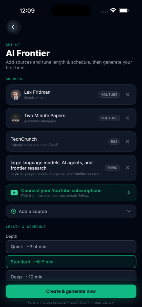 Briefcaster source picker — choosing news topics and channels
